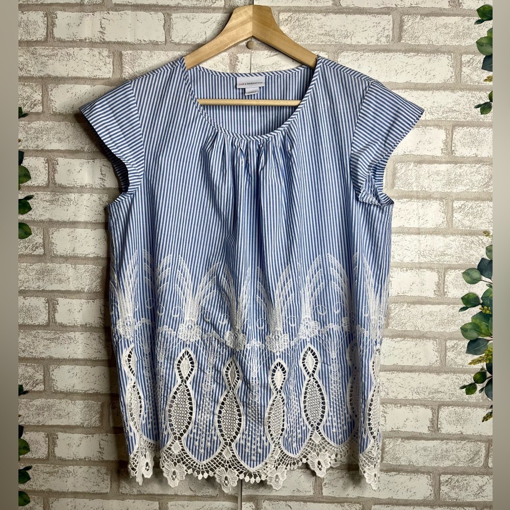 Liz Claiborne Breezy Summer Embroidered Cap Sleeve Cotton Blouse SzL
